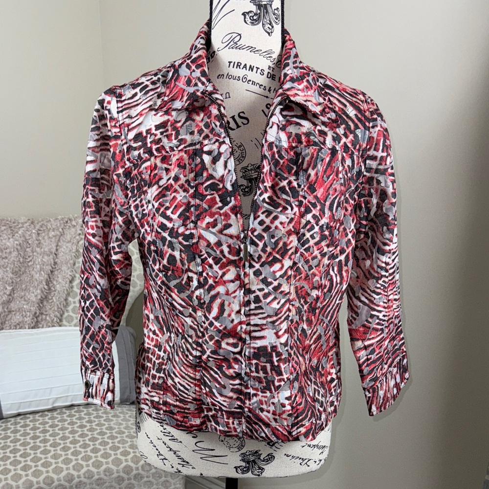 Ruby Rd Petite Red Animal Print Zip Jacket